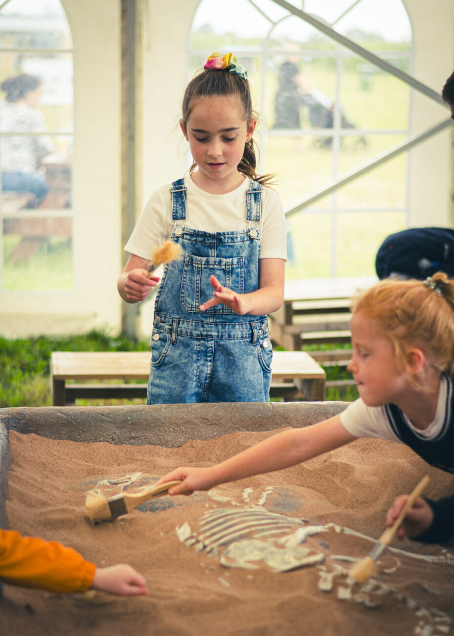 children playing with the sand box at the dino dig area